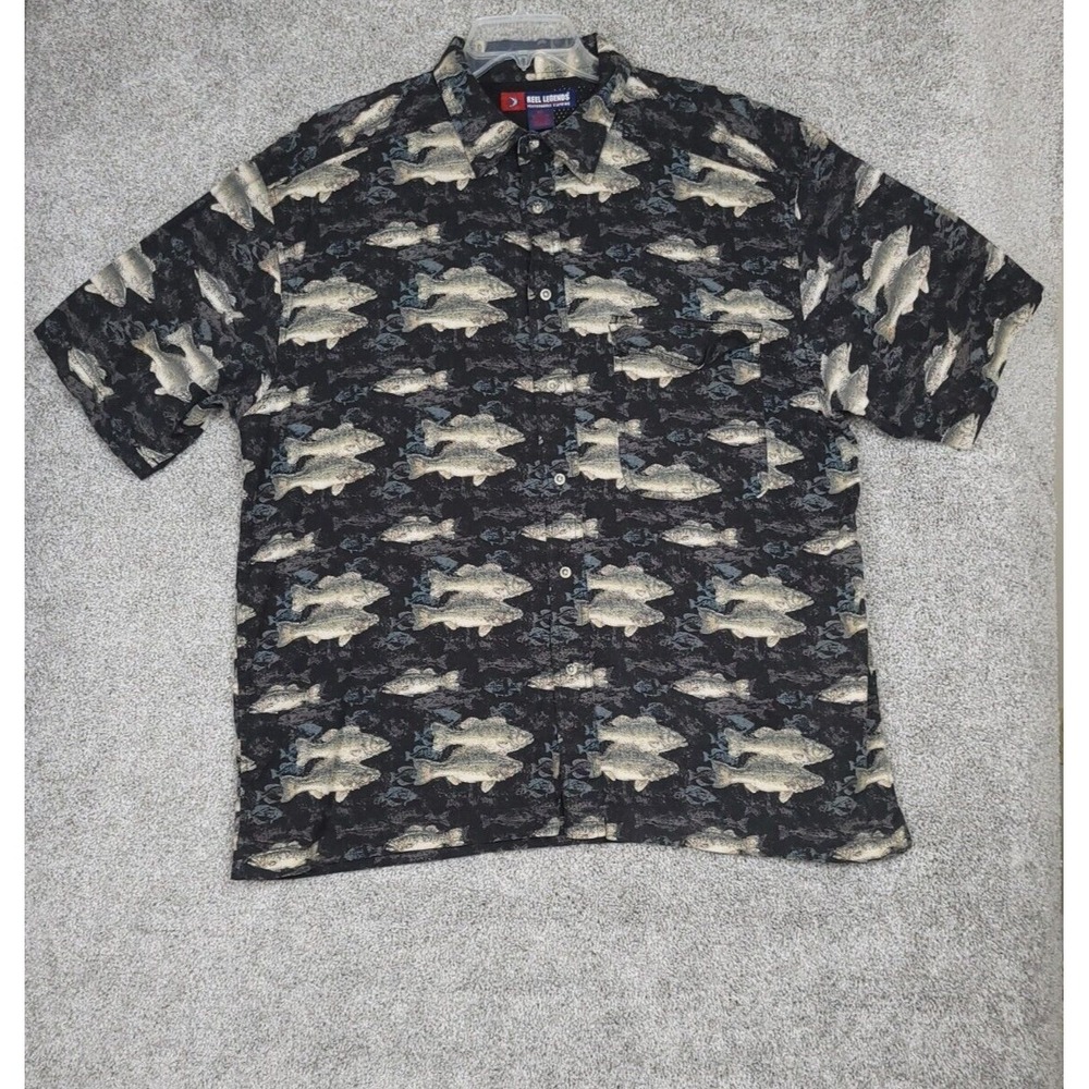 Reel Legends Shirt Mens 2XL Black Short Sleeve Vented Outdoor Salmon All Over